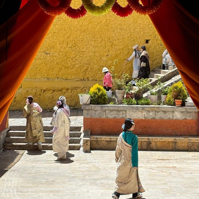 Temple courtyard with garlands during a ceremony in Mongolia